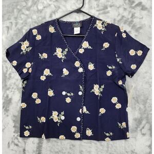 NEW Vintage Fritzi Top Womens‎ M Blue Floral V-Neck Short Sleeve Double Breasted